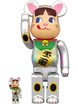 BE@RBRICK figure: Maneki Neko Peko-Chan Silver Plated Glow In The Dark Milky