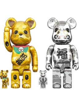 BE@RBRICK figure: x BAPE Maneki Neko & Daruma & 4-Pc Set Gold & Silver Plated